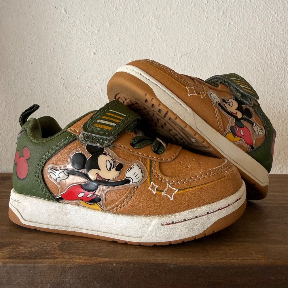 Disney Mickey Mouse Sneakers Toddler Size 6 Green Brown Strap Closure